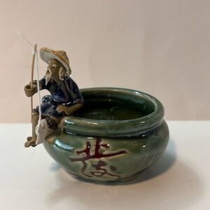 Chinese mudman fisherman Ceramic Pot 3”x3” NWOT